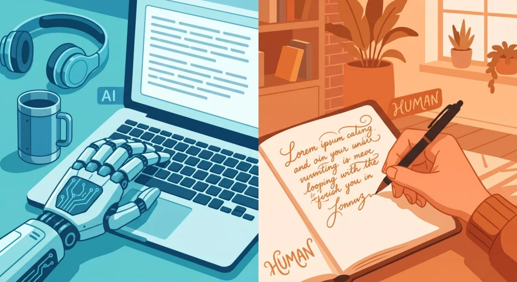 Split illustration comparing AI-generated content versus authentic human writing