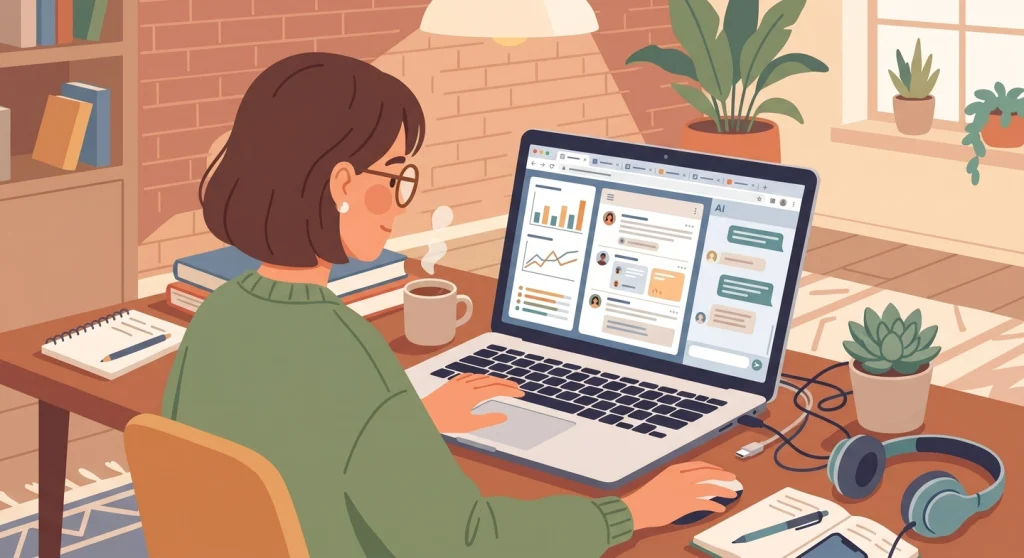 Blogger surrounded by distracting screens representing counter productive habits for bloggers