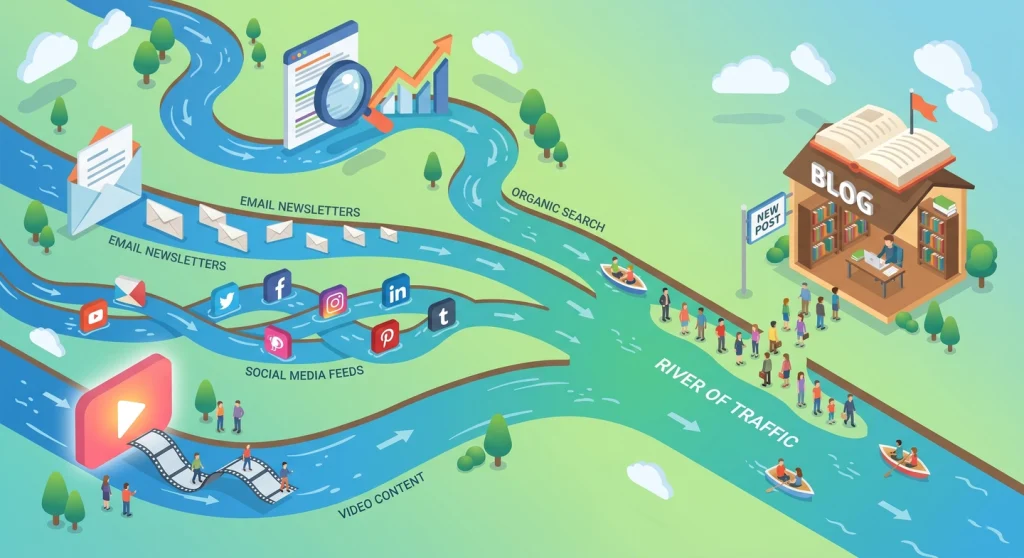 Multiple traffic channels flowing into a blog representing diversified content distribution
