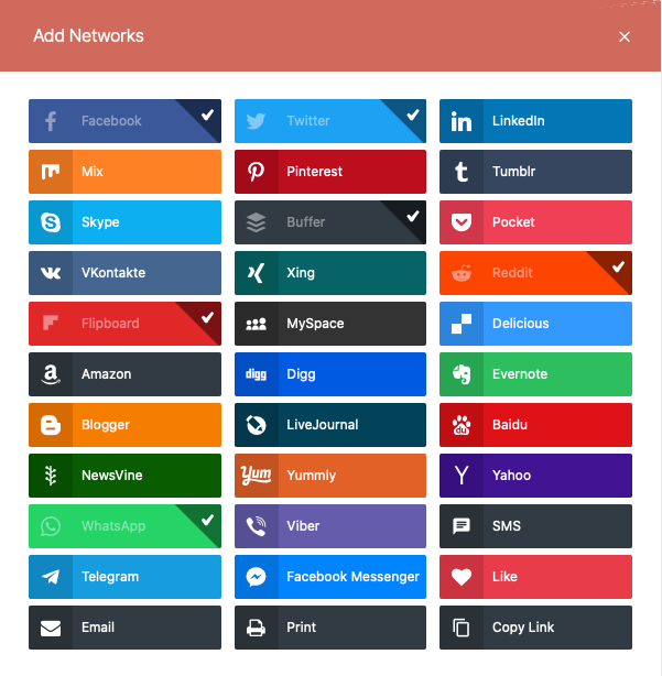 Available Social networks in Social Snap Plugin