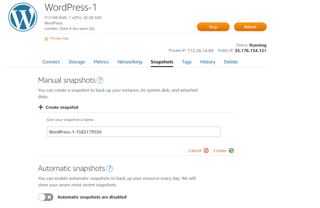 AWS LightSail Snapshot Creation From Dashboard