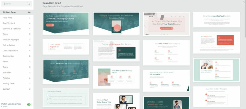 Page Blocks Selection Panel