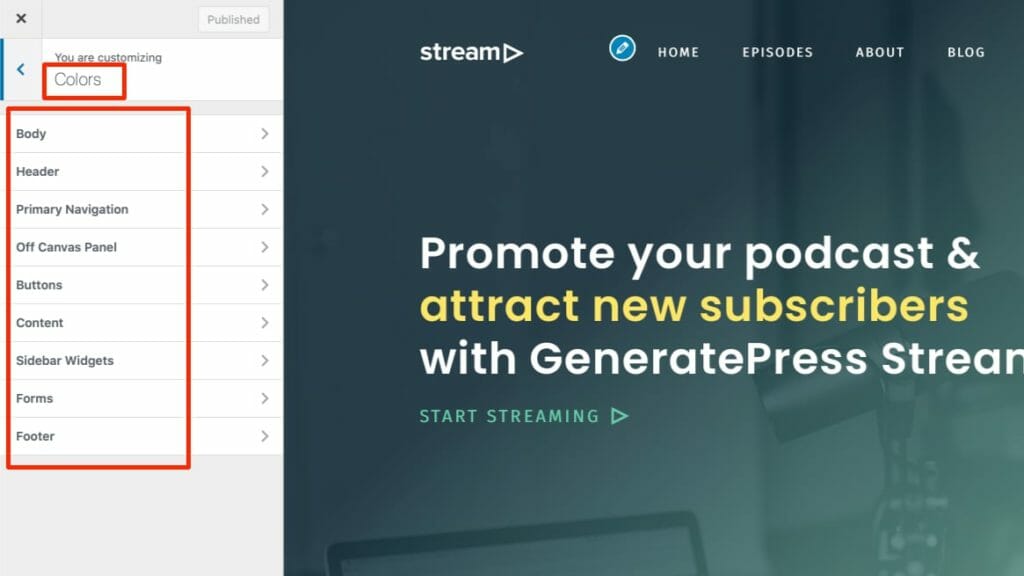 GeneratePress Customizer Setting for Color Options
