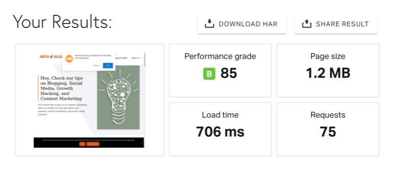 MetaBlogue Pingdom results with GeneratePress