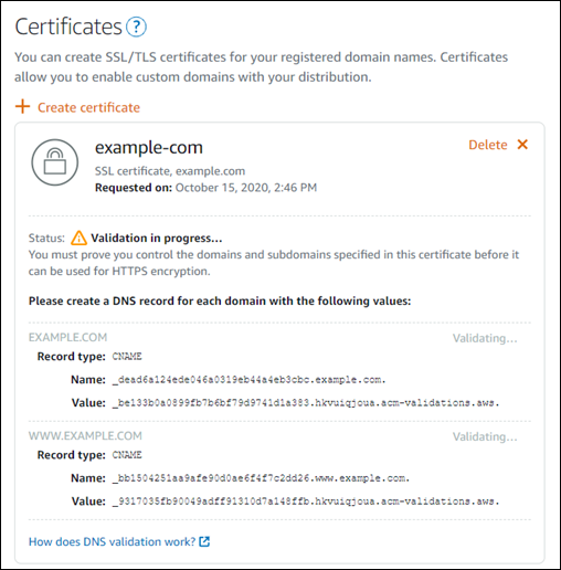 AWS LightSail SSL Validation Screen