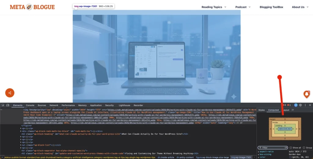 Finding the right image size using Chrome browser