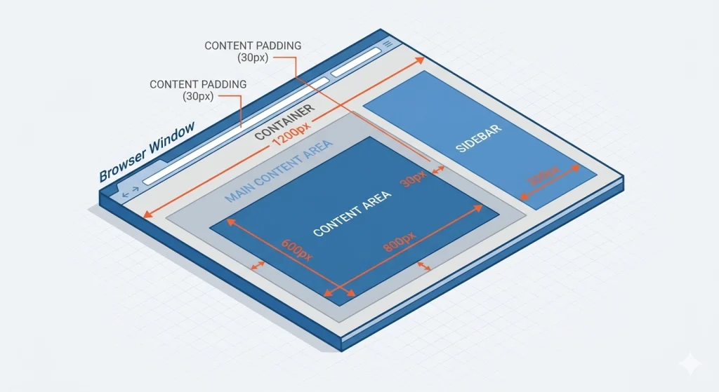 Isometric diagram showing GeneratePress container width sidebar and padding layout measurements