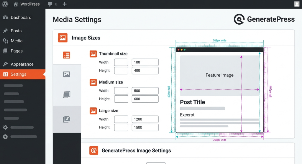 WordPress dashboard with GeneratePress image size optimization settings and dimension guides