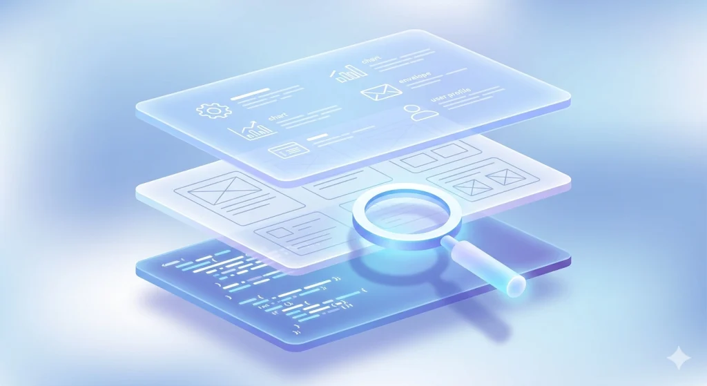 Layered progressive disclosure for AI showing metadata, documents, and code at different context levels