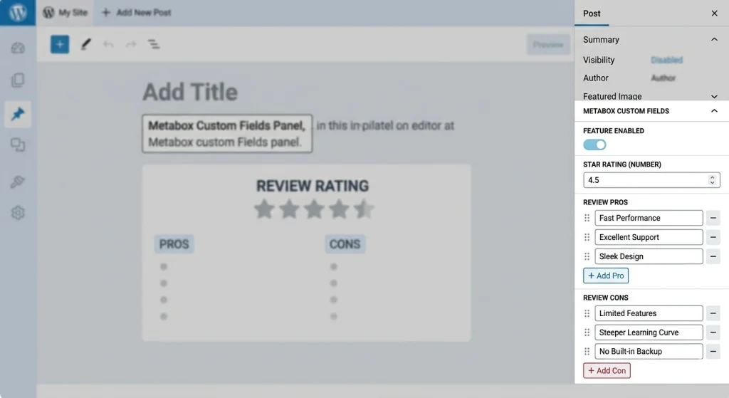 MetaBox custom fields panel showing review rating fields in WordPress editor