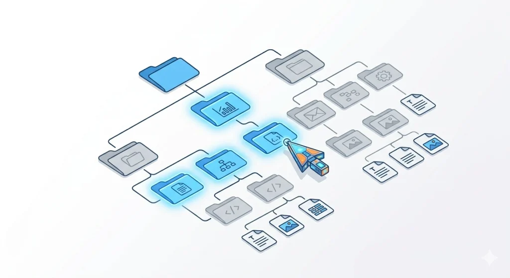 Project folder structure with selectively loaded files illustrating progressive disclosure for AI context
