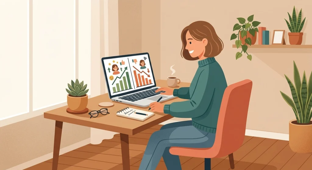 Why You Should Share Your Blogging Failures Along With Success Stories? 1 Blogger at desk with success and failure graphs thinking about how share your blogging failures