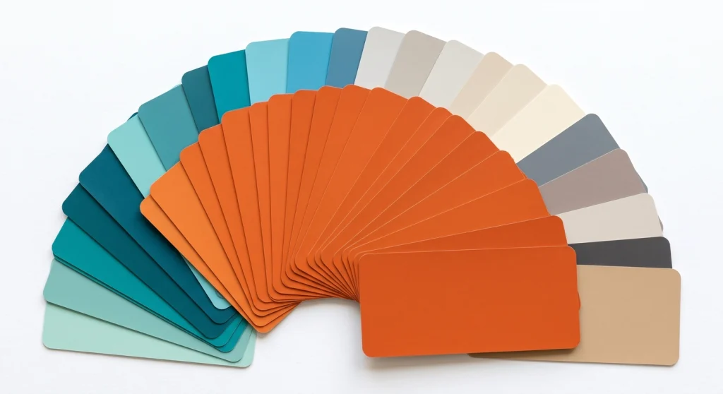 Free Color Palette Generator with WCAG Contrast Checker 1 Free color palette generator showing fanned colour swatch cards in orange and teal