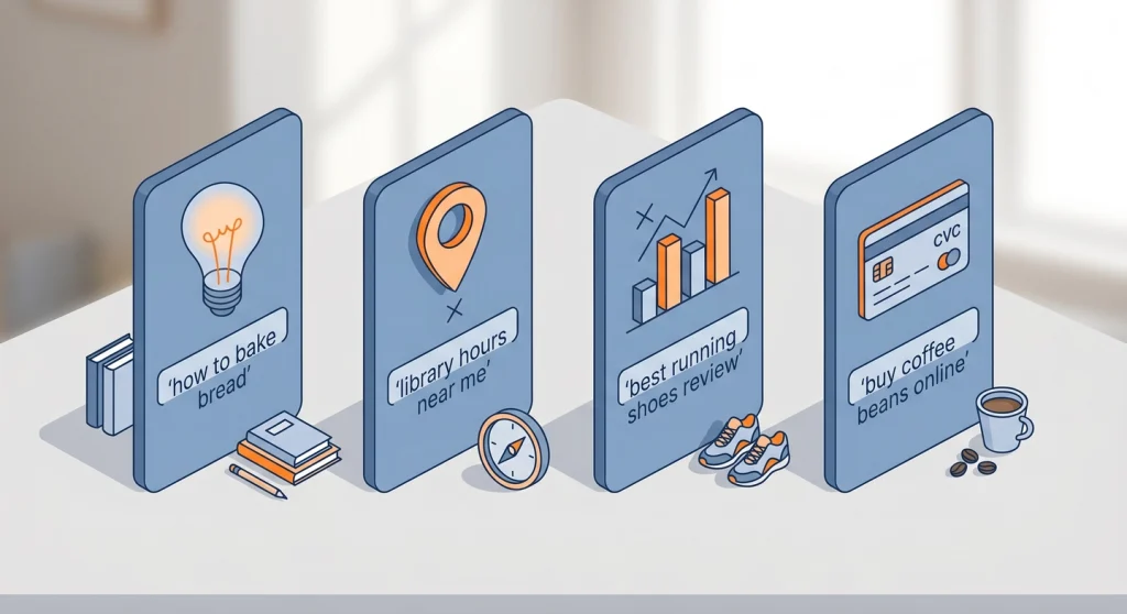 Search Intent Explained: Why Matching It Matters More Than Keywords 2 Four types of search intent shown as side-by-side cards with icons and example queries for each category
