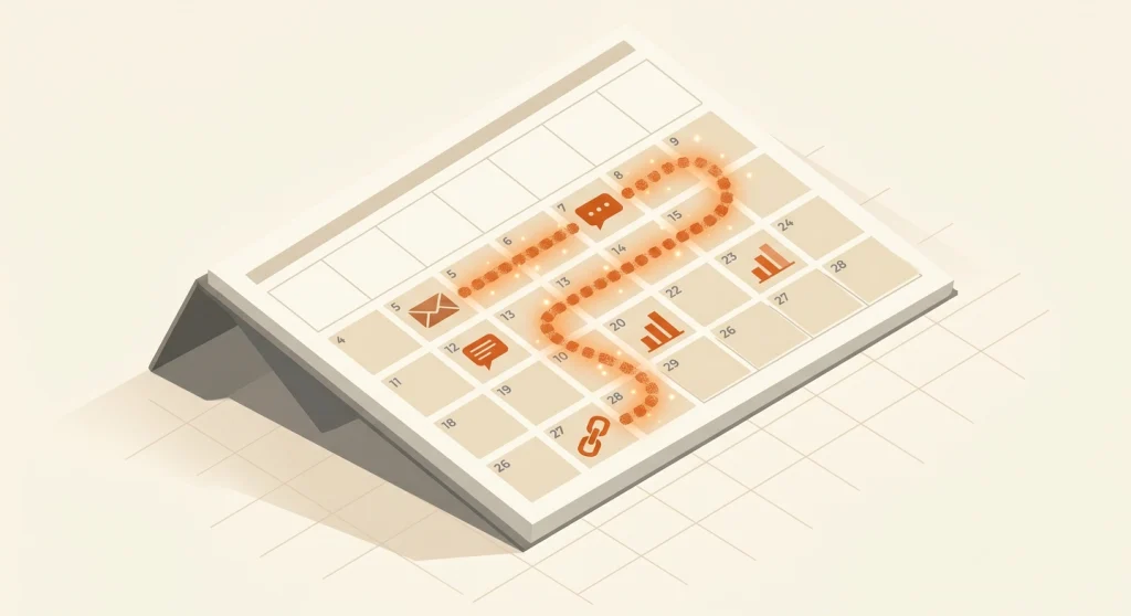 Monthly link building routine shown as icons on an isometric calendar