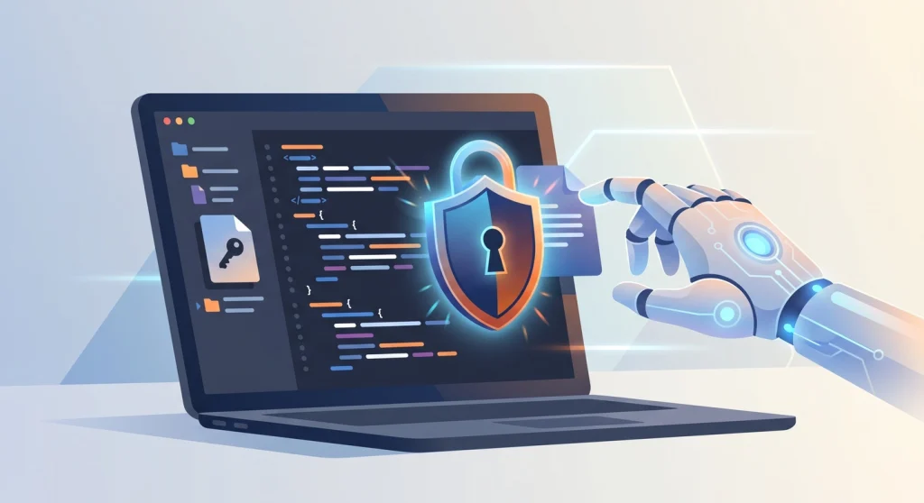 How to Protect Your Credentials and Secrets from AI Coding Tools 1 Padlock shield blocking an AI coding tool from reading a secrets file, illustrating how to protect secrets from AI coding tools