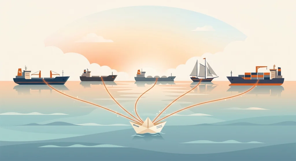 Illustration of a small boat linked to larger ships, representing link building for small bloggers