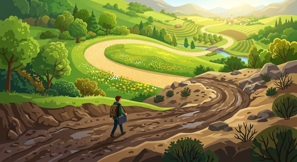 Why You Should Share Your Blogging Failures Along With Success Stories? 6 Winding road through varied terrain symbolising the blogging journey with failures and successes