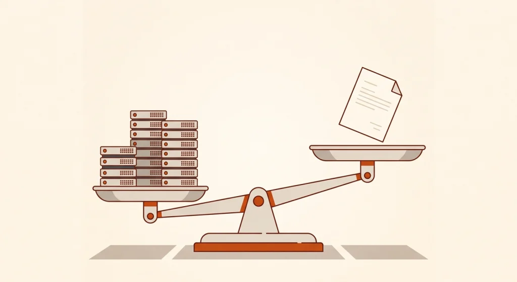 Balance scale comparing skills vs MCP token usage, with a light document outweighing heavy server infrastructure