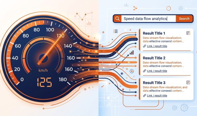 Speedometer merging with search results page illustrating the connection between WordPress speed and SEO