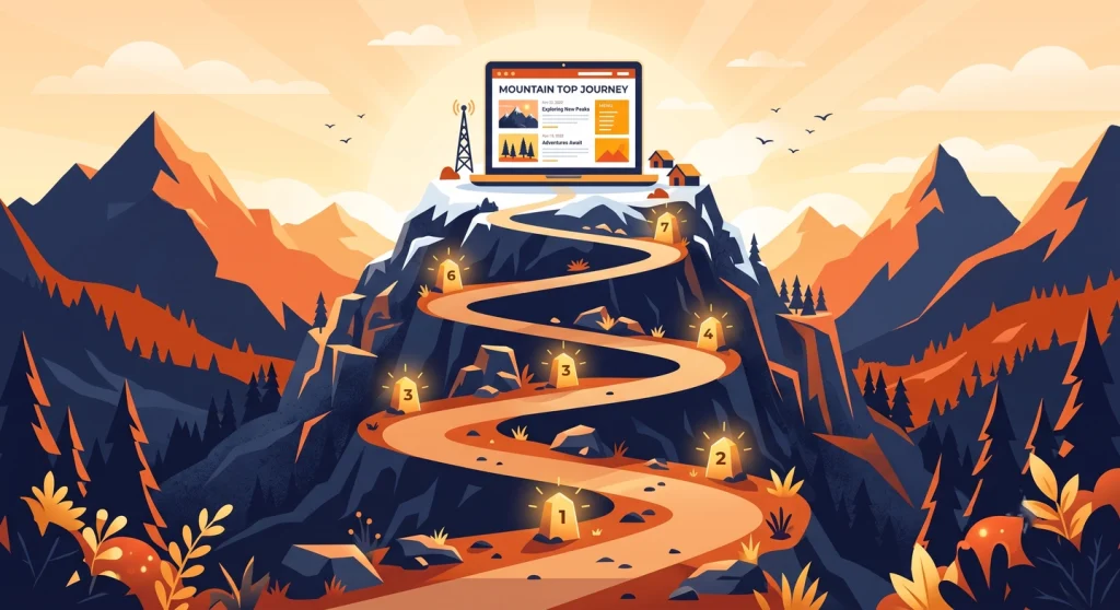 7 Blogging Lessons I Learned From Building My Blog 1 Path with seven milestones illustrating blogging lessons learned from building a blog