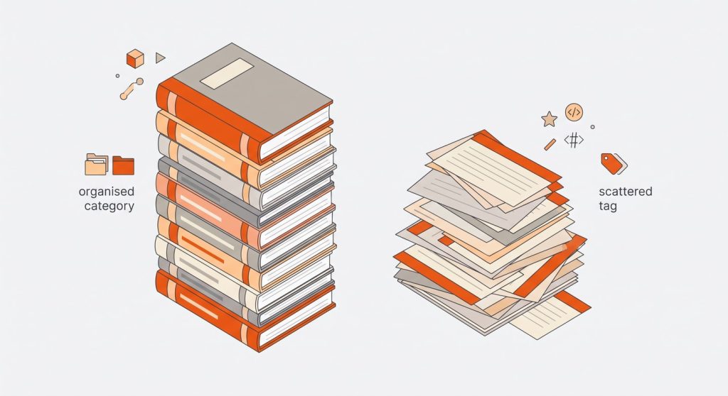 How to Optimize WordPress Category and Tag Pages for SEO 3 Isometric comparison of WordPress categories as bookshelf chapters versus tags as scattered index cards