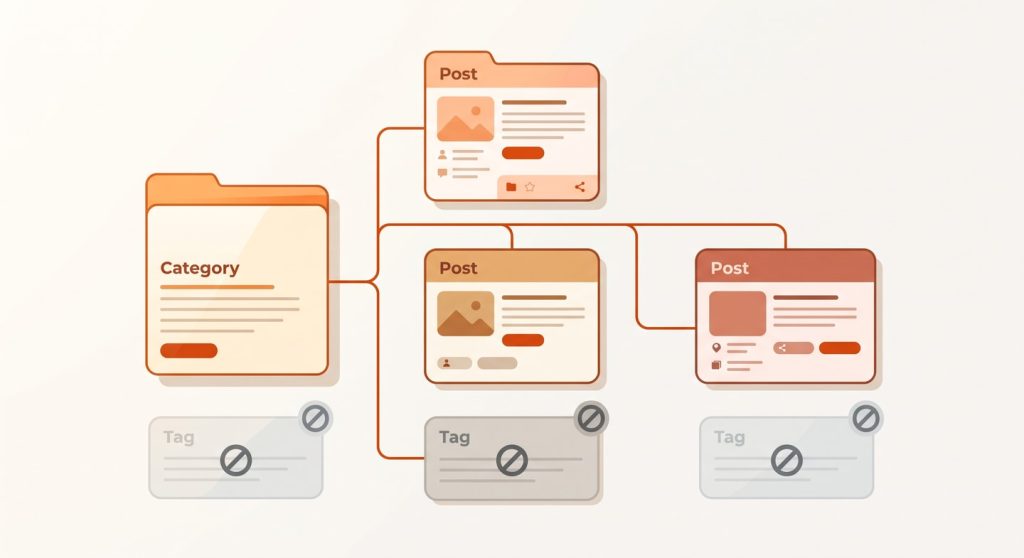 How to Optimize WordPress Category and Tag Pages for SEO 1 WordPress category and tag pages organised into a clean site structure with tag pages set to noindex