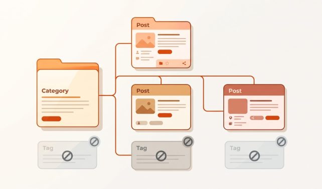 WordPress category and tag pages organised into a clean site structure with tag pages set to noindex